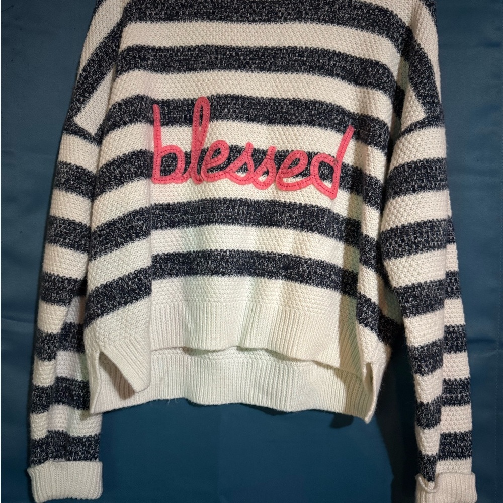 It's Our Time Striped 'Blessed' Crewneck Cropped Sweater - Cream, Black, Pink